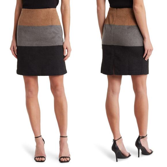 Amanda + Chelsea Skirt Wool Blend Brushed Colorblock Mini Camel Grey Black NWT S - Picture 2 of 9